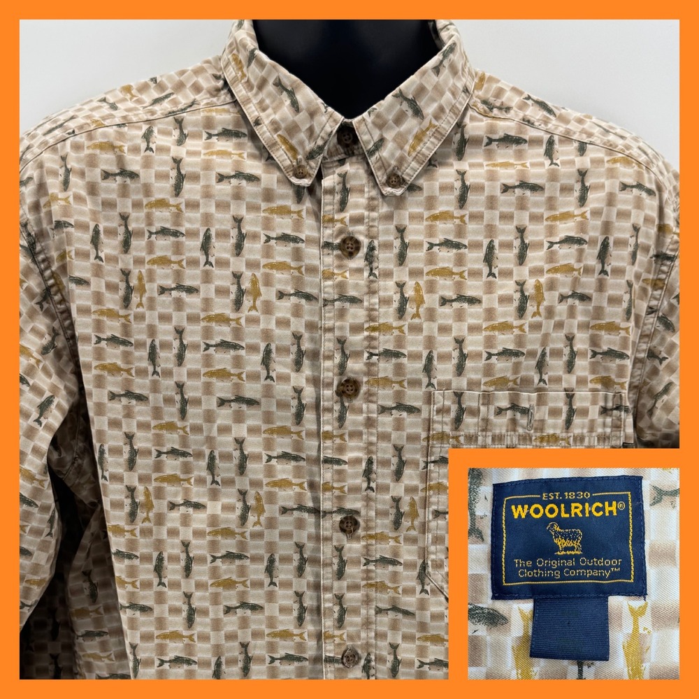Woolrich Mens‎ Button Up Shirt Fish Print Outdoorsman Casual Long Sleeve